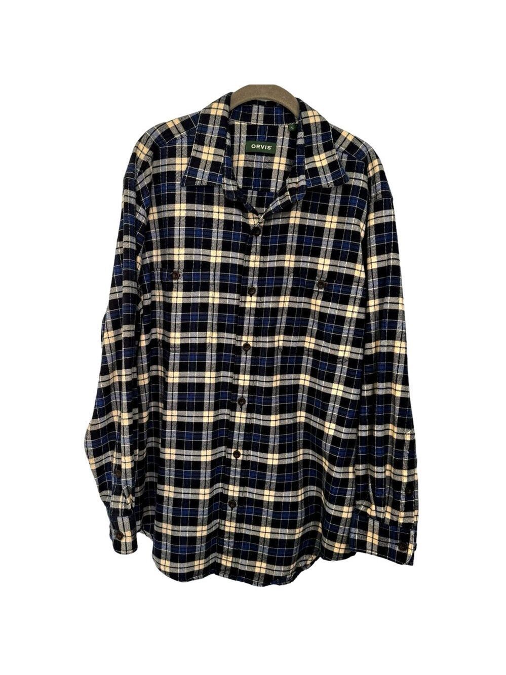 Orvis Perfect Flannel Shirt Men’s Sz L Long Sleeve Shacket Blue Plaid Pockets